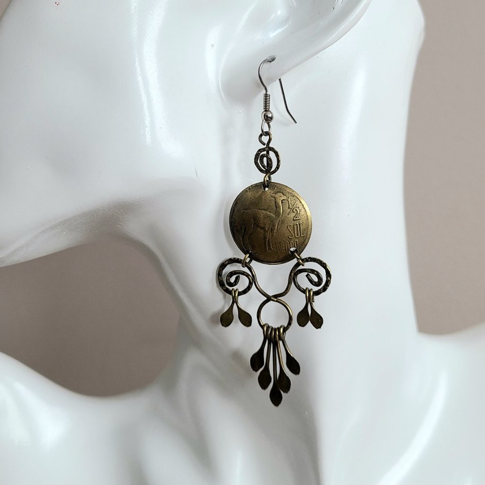 Hand made dangling brass earrings made of Peru coins.